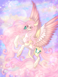 Size: 1500x2000 | Tagged: safe, artist:toge-kissed, imported from derpibooru, fluttershy, butterfly, pegasus, pony, abstract background, alternate cutie mark, alternate design, butterfly on nose, colored wings, colored wingtips, female, flying, freckles, insect on nose, large wings, lightly watermarked, long mane, long tail, mare, solo, spread wings, tail, watermark, wings