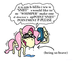 Size: 1665x1389 | Tagged: safe, artist:punkittdev, imported from derpibooru, fluttershy, pegasus, pony, anxious, arrow, chibi, crying, dialogue, emanata, eye clipping through hair, eyebrows, eyebrows visible through hair, female, folded wings, horsecomix, mare, nervous, nervous sweat, open mouth, phone, phone call, shaking, simple background, snot, solo, speech bubble, sweat, teary eyes, text, vulgar description, wavy mouth, white background, wing hands, wing hold, wings, wobbling