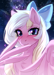 Size: 1950x2715 | Tagged: safe, artist:fenwaru, imported from derpibooru, oc, oc only, oc:bay breeze, pegasus, pony, blushing, bow, bust, cute, female, hair bow, looking at you, mare, pegasus oc, portrait, shy, solo, wings