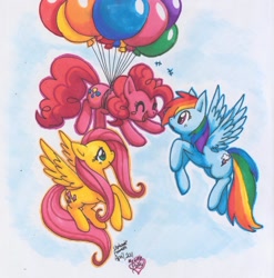 Size: 2392x2425 | Tagged: safe, artist:mahoxyshoujo, imported from derpibooru, fluttershy, pinkie pie, rainbow dash, earth pony, pegasus, pony, balloon, floating, flying, then watch her balloons lift her up to the sky, traditional art