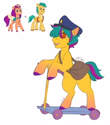 Size: 3589x4096 | Tagged: safe, artist:yutailaarts, imported from derpibooru, hitch trailblazer, sunny starscout, oc, alicorn, alicornified, bag, female, g5, male, mane stripe sunny, mare, offspring, postman's hat, race swap, saddle bag, scooter, shipping, simple background, stallion, straight, sunnyhitch, unshorn fetlocks, white background