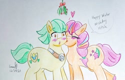 Size: 1860x1188 | Tagged: safe, artist:gmangamer25, imported from derpibooru, hitch trailblazer, sunny starscout, earth pony, blushing, cheek kiss, dialogue box, duo, duo male and female, female, g5, heart, kissing, male, mane stripe sunny, mistleholly, photo, sheriff's badge, shipping, signature, simple background, straight, sunnyhitch, traditional art, white background