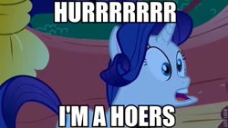 Size: 600x338 | Tagged: safe, edit, edited screencap, imported from derpibooru, screencap, rarity, pony, look before you sleep, season 1, caption, derp, faic, female, hoers, image macro, solo, text