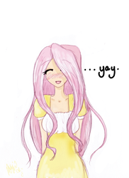 Size: 450x617 | Tagged: safe, artist:gijinka, imported from derpibooru, fluttershy, human, blushing, eyes closed, humanized, simple background, solo, white background, yay