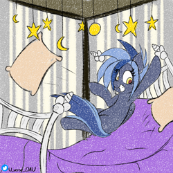 Size: 3072x3072 | Tagged: safe, artist:juniverse, imported from derpibooru, oc, oc:pixi, pegasus, pony, bed, bedroom, commission, fun, happy, jumping, jumping on bed, pillow, solo, stars