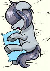 Size: 975x1400 | Tagged: safe, artist:scandianon, imported from derpibooru, oc, oc only, oc:dot matrix, bed, fat, female, floppy ears, mare, open mouth, pillow, sleeping