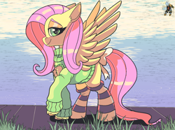 Size: 1280x953 | Tagged: safe, artist:brainiac, imported from derpibooru, fluttershy, pegasus, antonymph, bow, clothes, female, mare, socks, solo, striped socks, sweater, sweatershy, tail, tail bow, vylet pony