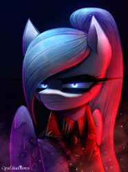 Size: 2003x2697 | Tagged: safe, artist:opal_radiance, imported from derpibooru, oc, oc only, oc:opal rosamond, pegasus, pony, equestria at war mod, folded wings, frown, glowing, glowing eyes, high res, pegasus oc, signature, solar empire, solo, wings