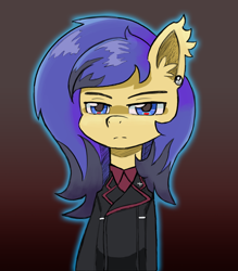 Size: 3330x3805 | Tagged: safe, artist:mikeylokey, imported from derpibooru, oc, oc:skyé, bat pony, pony, black mane, black uniform, blue eyes, blue outline, clothes, disappointed, ear fluff, ear piercing, emo, emo hair, femboy, kuromorimine, looking at you, male, military uniform, piercing, purple mane, red shirt, solo, squint, stallion, unamused, uniform