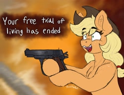 Size: 2500x1920 | Tagged: safe, artist:reddthebat, imported from derpibooru, applejack, earth pony, pony, bust, cowboy hat, crazy smile, dialogue, ear fluff, eye clipping through hair, eyebrows, eyebrows visible through hair, female, freckles, gun, handgun, hat, hoof hold, mare, open mouth, open smile, pistol, shoulder freckles, smiling, solo, stetson, weapon