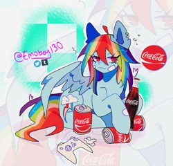 Size: 1244x1195 | Tagged: safe, artist:emoboy130, imported from derpibooru, rainbow dash, pegasus, pony, :3, abstract background, ahoge, bandaid, big ears, bottle, checkered, coca-cola, coke, colored pinnae, controller, drink, ear fluff, ear piercing, earring, emanata, eye clipping through hair, eyebrows, eyebrows visible through hair, female, jewelry, looking away, mare, partially open wings, piercing, product placement, signature, smiling, soda, soda bottle, soda can, solo, wingding eyes, wings, zoom layer