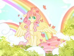 Size: 4000x3000 | Tagged: safe, artist:jezebel_remedy, imported from derpibooru, fluttershy, butterfly, pegasus, pony, :<, alternate hairstyle, cloud, coat markings, colored wings, female, floppy ears, flower, flower in hair, grass, heart, high res, mare, rainbow, sitting, sky, solo, spread wings, two toned wings, wings