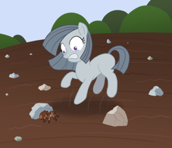 Size: 850x731 | Tagged: safe, artist:atlur, deleted from derpibooru, imported from twibooru, marble pie, earth pony, pony, spider, arachnophobia, banned from derpibooru, female, image, png, rock, rock farm, safety goggles, solo