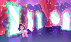 Size: 3840x2310 | Tagged: safe, artist:vian teow, imported from derpibooru, pipp petals, pegasus, pony, spoiler:g5, spoiler:my little pony: tell your tale, spoiler:tyts02e11, 2d, background, concept art, curtains, female, g5, garland, high res, looking at you, mare, mirror, my little pony: tell your tale, official, production art, shiny, smiling, smiling at you, solo, sparkles, standing, stars