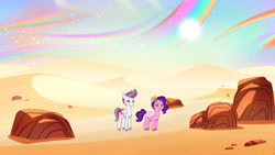 Size: 3840x2160 | Tagged: safe, artist:vian teow, imported from derpibooru, pipp petals, zipp storm, pegasus, pony, spoiler:g5, spoiler:my little pony: tell your tale, spoiler:tyts02e25, background, concept art, desert, female, g5, high res, looking at you, mare, my little pony: tell your tale, official, production art, rainbow, rock, sand, smiling, smiling at you, standing, stone