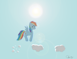 Size: 1000x768 | Tagged: safe, artist:colinmlp, imported from derpibooru, rainbow dash, pegasus, pony, cloud, female, solo, sun