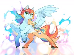 Size: 1440x1079 | Tagged: safe, artist:pebberg, imported from derpibooru, oc, oc only, pegasus, pony, abstract background, braid, chest fluff, female, magical lesbian spawn, mare, next generation, offspring, parent:applejack, parent:rainbow dash, parents:appledash, solo, unshorn fetlocks