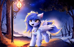 Size: 4207x2670 | Tagged: safe, artist:empress-twilight, imported from derpibooru, oc, oc only, pegasus, pony, chest fluff, goggles, happy, open mouth, open smile, pegasus oc, smiling, solo, spread wings, streetlight, tail, tail feathers, winged hooves, wings