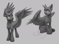 Size: 2048x1536 | Tagged: safe, artist:rozmed, imported from derpibooru, oc, oc only, alicorn, pony, black and white, gray background, grayscale, monochrome, no pupils, simple background, solo