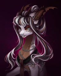 Size: 1633x2048 | Tagged: safe, artist:rozmed, imported from derpibooru, oc, oc only, original species, pony, abstract background, chains, chest fluff, commission, ear fluff, ear piercing, earring, fangs, female, jewelry, mare, multiple eyes, piercing, solo, wing ears, wings