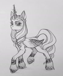 Size: 1601x1929 | Tagged: safe, artist:rozmed, imported from derpibooru, opaline arcana, alicorn, pony, black and white, braid, female, g5, glowing, glowing horn, grayscale, horn, mare, monochrome, solo, traditional art