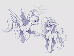 Size: 1947x1474 | Tagged: safe, artist:rozmed, imported from derpibooru, zipp storm, pegasus, pony, unicorn, female, flying, freckles, g5, horn, mare, misty brightdawn, monochrome, simple background, speech bubble, white background