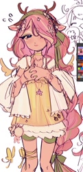 Size: 440x907 | Tagged: safe, artist:setomie, imported from derpibooru, fluttershy, human, antlers, clothes, deer ears, dress, female, flower, flower in hair, freckles, humanized, jewelry, mare, necklace, solo, wip