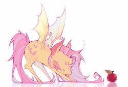 Size: 3301x2252 | Tagged: safe, artist:setomie, imported from derpibooru, fluttershy, bat pony, pony, apple, bat ponified, bowing, face down ass up, fangs, female, flutterbat, food, mare, race swap, simple background, solo, transparent wings, white background, wings