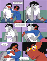 Size: 2048x2643 | Tagged: safe, artist:shallowwin, imported from derpibooru, oc, oc only, oc:benjamin terrance tover, oc:sound shock, anthro, earth pony, pegasus, pony, comic:house party, anthro oc, comic, commission, crossdressing, crying, dialogue, earth pony oc, gay, glasses, heartbreak, hug, love, male, oc x oc, pegasus oc, sad, shipping, stallion, stallion on stallion, wings