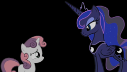 Size: 1000x563 | Tagged: safe, edit, edited screencap, editor:incredibubbleirishguy, imported from derpibooru, screencap, princess luna, sweetie belle, alicorn, unicorn, for whom the sweetie belle toils, black background, dark, duo, duo female, female, horn, simple background