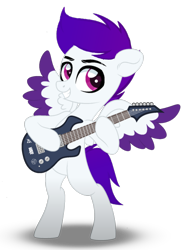 Size: 2678x3600 | Tagged: safe, artist:ramixe dash, imported from derpibooru, oc, oc only, oc:ramixe dash, pegasus, pony, base used, colored wings, g5, g5 to g4, generation leap, guitar, logo, looking right, magenta eyes, male, musical instrument, purple hair, shadow, simple background, solo, stallion, text, transparent background, wings