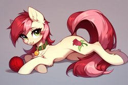 Size: 1800x1200 | Tagged: safe, imported from derpibooru, roseluck, pony, ai content, ai generated, behaving like a cat, collar, cute, fluffy, generator:pony diffusion v6 xl, generator:stable diffusion, looking at you, lying down, pet tag, pony pet, prompter:doom9454, rosepet, yarn, yarn ball