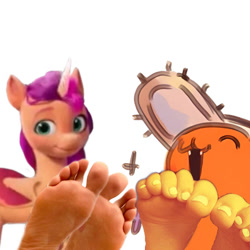 Size: 827x827 | Tagged: safe, imported from derpibooru, sunny starscout, earth pony, leak, spoiler:g5, spoiler:my little pony: tell your tale, chainsaw man, female, g5, my little pony: tell your tale, parody, pochita, real feet, simple background, white background, yellow feet