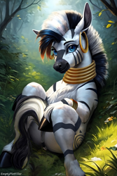 Size: 2731x4096 | Tagged: safe, artist:emptyplotfiller, imported from derpibooru, zecora, pony, zebra, fanfic:crossing the trixie bridge:a new life in the crystal empire, ai assisted, ai content, cute, everfree forest, looking at you, lying down, raised hoof, solo