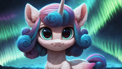 Size: 2560x1440 | Tagged: safe, imported from derpibooru, princess flurry heart, alicorn, pony, ai content, ai generated, aurora borealis, big eyes, cute, female, filly, flurrybetes, foal, generator:pony diffusion v6 xl, generator:stable diffusion, high res, looking at you, prompter:truekry, smiling, smiling at you, solo, wallpaper