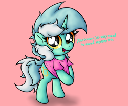 Size: 2478x2056 | Tagged: safe, artist:background basset, imported from derpibooru, lyra heartstrings, pony, unicorn, clothes, dialogue, horn, open mouth, pink background, shirt, shirt pull, simple background, solo, standing, text