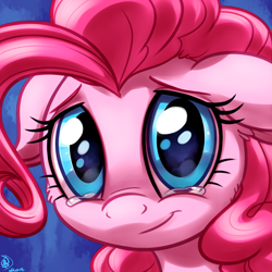 Size: 1800x1800 | Tagged: safe, artist:whitediamonds, imported from derpibooru, pinkie pie, earth pony, pony, bust, commission, cute, diapinkes, female, floppy ears, looking at you, mare, portrait, sad, sadorable, signature, smiling, smiling at you, solo, teary eyes