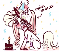 Size: 2048x1795 | Tagged: safe, artist:rottengotika, imported from derpibooru, oc, oc only, pony, unicorn, birthday, birthday cake, cake, food, horn, solo, unicorn oc