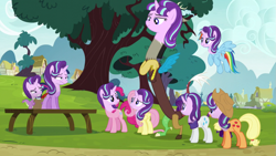 Size: 1251x706 | Tagged: safe, edit, edited screencap, imported from derpibooru, screencap, applejack, discord, fluttershy, pinkie pie, rainbow dash, rarity, spike, starlight glimmer, twilight sparkle, pony, unicorn, head swap, horn, mane seven, mane six, question in description, reaction image, s5 starlight