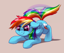 Size: 1633x1356 | Tagged: safe, artist:whitediamonds, imported from derpibooru, rainbow dash, pegasus, pony, cheek fluff, cute, dashabetes, female, floppy ears, folded wings, mare, motion lines, signature, simple background, smiling, solo, tail, tail wag, wings