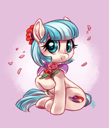 Size: 2550x3000 | Tagged: safe, artist:whitediamonds, imported from derpibooru, coco pommel, earth pony, pony, cheek fluff, cocobetes, cute, ear fluff, female, flower, high res, looking at you, mare, raised hoof, signature, sitting, smiling, smiling at you, solo, tail