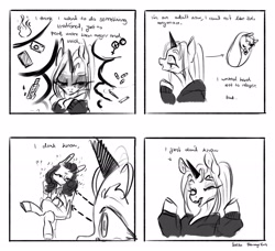 Size: 2048x1871 | Tagged: safe, artist:rottengotika, imported from derpibooru, oc, oc only, pony, unicorn, 4 panel comic, comic, duo, horn, unicorn oc