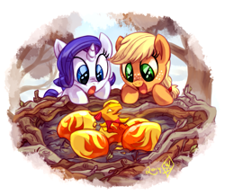 Size: 1525x1325 | Tagged: safe, artist:whitediamonds, imported from derpibooru, applejack, rarity, earth pony, phoenix, pony, unicorn, :o, cute, duo, duo female, egg, female, filly, filly applejack, filly rarity, foal, freckles, hatless, horn, jackabetes, lesbian, looking at something, missing accessory, nest, open mouth, open smile, outdoors, raribetes, rarijack, rarijack daily, shipping, signature, smiling, tree, younger