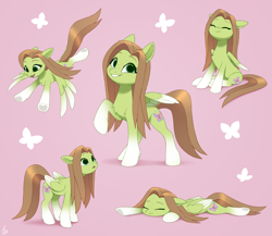 Size: 2300x2000 | Tagged: safe, artist:luminousdazzle, imported from derpibooru, oc, oc:lumina, butterfly, pegasus, pony, chest fluff, colored wings, cutie mark, eyes closed, female, floppy ears, flying, folded wings, freckles, gradient hooves, gradient wings, green eyes, grin, hoof heart, long mane, looking at you, looking up, lying down, mare, pegasus oc, pink background, raised hoof, simple background, sitting, smiling, solo, solo female, spread wings, standing, underhoof, wings