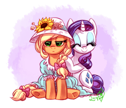 Size: 1400x1200 | Tagged: safe, artist:whitediamonds, imported from derpibooru, applejack, rarity, earth pony, pony, unicorn, applejack is not amused, bow, braid, cute, duo, duo female, eyes closed, eyeshadow, female, floppy ears, flower, freckles, frown, hair bow, hat, horn, lesbian, makeup, mare, raribetes, rarijack, rarijack daily, shipping, signature, sitting, smiling, sunflower, tail, tail bow, unamused, underhoof