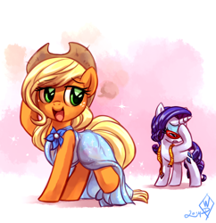 Size: 1450x1500 | Tagged: safe, artist:whitediamonds, imported from derpibooru, applejack, rarity, earth pony, pony, unicorn, applejack's hat, clothes, cowboy hat, cute, dress, duo, duo female, eyebrows, eyebrows visible through hair, eyes closed, eyeshadow, facehoof, female, freckles, glasses, hat, horn, jackabetes, lesbian, looking back, makeup, mare, measuring tape, open mouth, raised hoof, raised leg, rarijack, rarijack daily, rarity's glasses, shipping, signature, standing on two hooves, tail