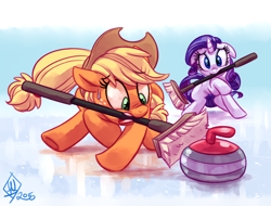 Size: 1350x1025 | Tagged: safe, artist:whitediamonds, imported from derpibooru, applejack, rarity, earth pony, pony, unicorn, applejack's hat, broom, cowboy hat, curling, duo, duo female, eyebrows, eyebrows visible through hair, female, floppy ears, freckles, hat, horn, ice, lesbian, mare, mouth hold, rarijack, rarijack daily, shipping, signature, sports, tail