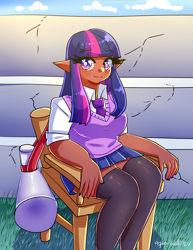 Size: 2975x3850 | Tagged: safe, artist:mylittleyuri, imported from derpibooru, twilight sparkle, human, blushing, chair, clothes, cute, dark skin, elf ears, female, humanized, megaphone, necktie, redraw, shirt, sitting, skirt, socks, solo, stockings, sweater vest, thigh highs, twiabetes