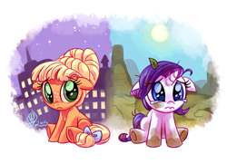 Size: 1800x1300 | Tagged: safe, artist:whitediamonds, imported from derpibooru, applejack, rarity, earth pony, pony, unicorn, alternate hairstyle, bow, crying, cute, dirty, duo, duo female, eyebrows, eyebrows visible through hair, female, filly, filly applejack, filly rarity, foal, freckles, frown, hatless, horn, jackabetes, lesbian, missing accessory, orangejack, raribetes, rarijack, rarijack daily, sad, sadorable, shipping, signature, sitting, tail, tail bow, teary eyes, underhoof, younger