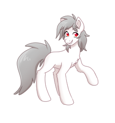 Size: 897x958 | Tagged: safe, artist:cristal1940, imported from derpibooru, oc, oc:silvernail, earth pony, pony, chest fluff, cute, looking at you, missing cutie mark, no source available, raised hoof, red eyes, smiling, smiling at you, solo